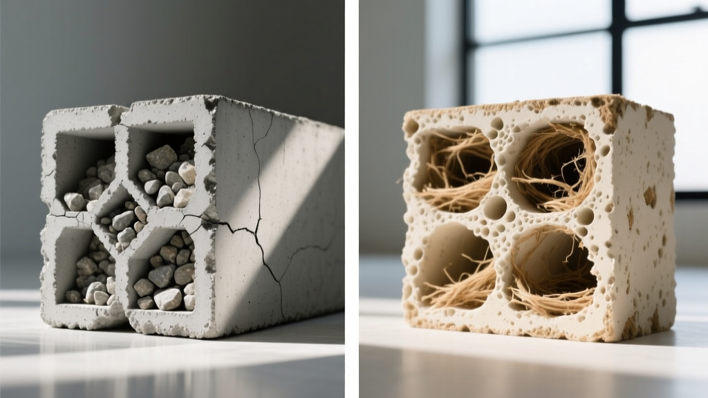 Side-by-side cross-section of traditional Portland cement concrete and hempcrete blocks showing texture and aggregate differences in natural light