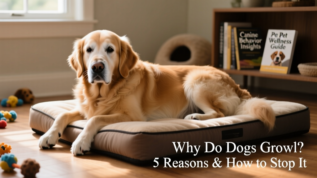 A senior dog resting quietly on a soft orthopedic bed, looking relaxed but with subtle signs of joint stiffness