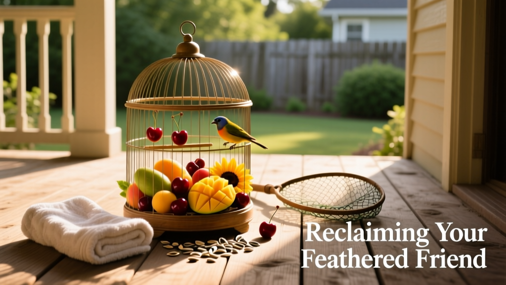 An open bird cage placed on a sunny porch, filled with bright fruits and seeds, with a towel and net laid nearby
