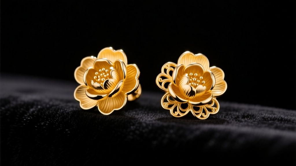 Close-up of 14k yellow gold peony floral stud earrings on dark velvet, illuminated by soft, directional studio lighting.