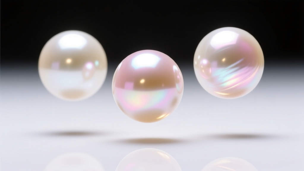 Macro shot of three rotating round pearls displaying sharp mirror-like reflections and subtle pink overtones on their nacre surfaces