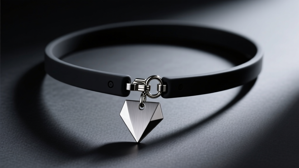 Matte black silicone lanyard necklace with brushed steel breakaway clasp and heavy geometric pendant on dark studio background