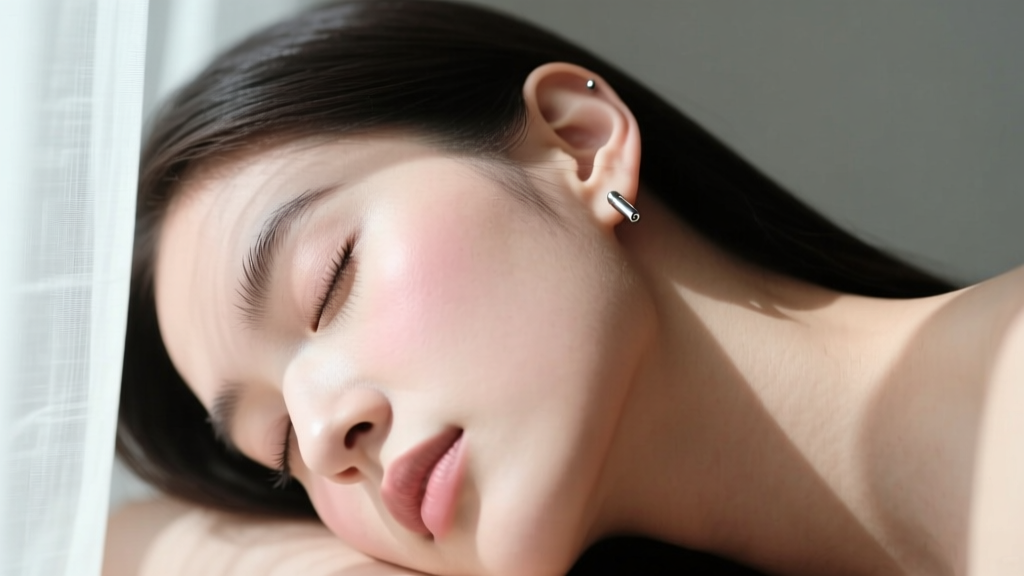 Side profile of a woman sleeping peacefully, showcasing a small, flush-fitting titanium stud in her upper cartilage piercing.