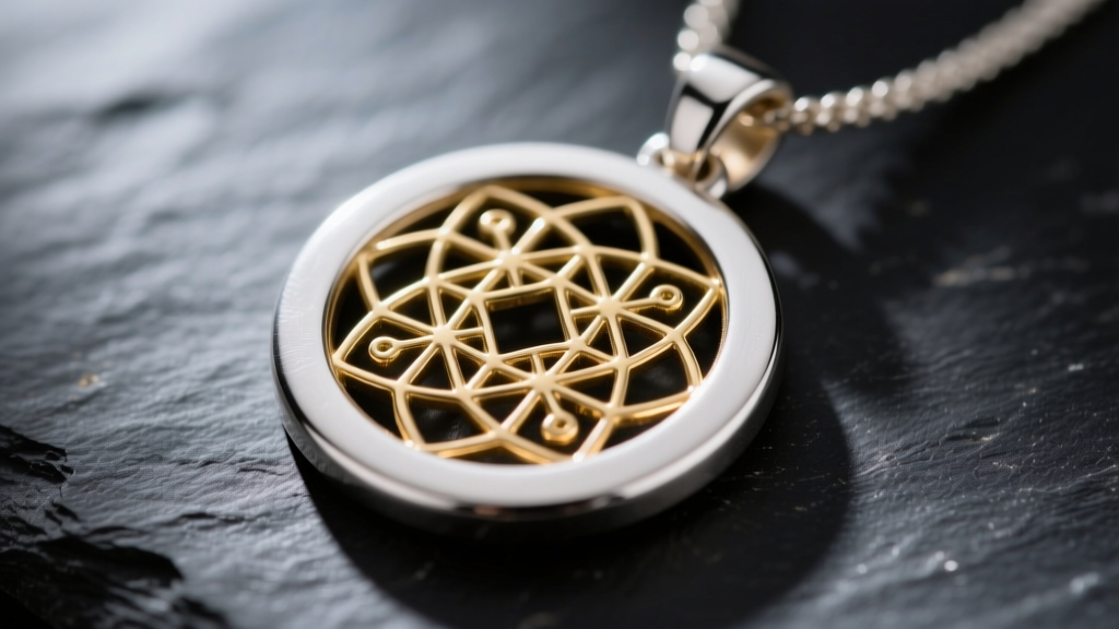 Macro shot of a brass geometric inlay sweat-soldered onto a matte 20-gauge sterling silver pendant base on dark slate