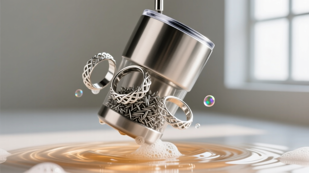 Rotary tumbler barrel with stainless steel shot, polishing several completed woven sterling silver wire rings in warm soapy water.