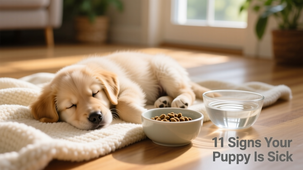 Puppy resting comfortably on a soft blanket with fresh water nearby and a small bowl of bland food
