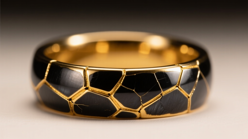 Close-up of a broken gold ring repaired with Kintsugi, displaying raised gold seams against dark metal under warm studio lighting.