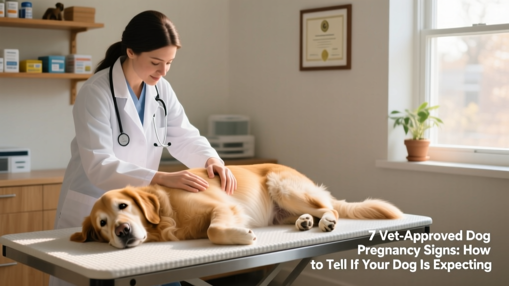 Veterinarian gently examining a pregnant dog’s abdomen during a routine prenatal checkup