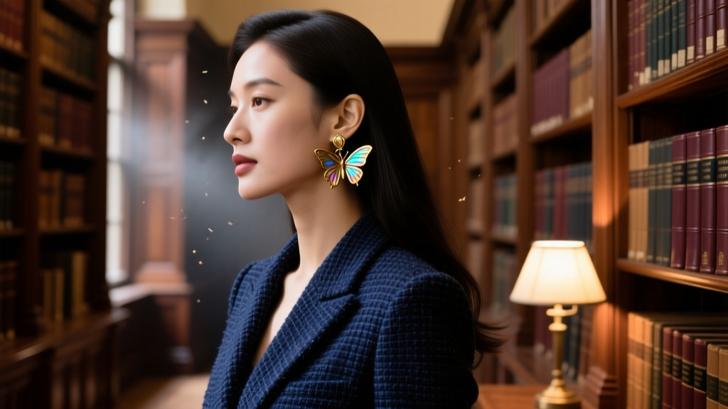 Side profile of a woman in a tweed blazer wearing dangling brass moth earrings, illuminated by warm, moody library lighting