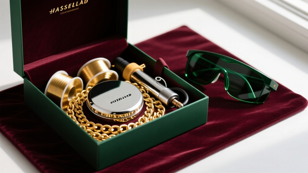 An open gift box revealing a compact pulse arc welder, spools of 14k gold chain, and dark green safety glasses on a velvet mat