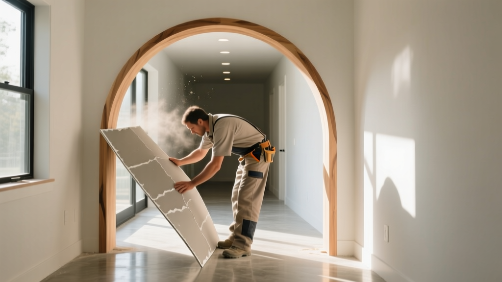 Carpenter bending flexible gypsum board over a curved wooden archway frame in a brightly lit residential hallway