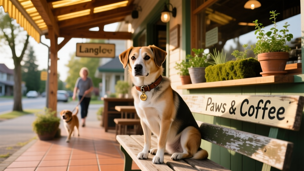 A relaxed dog sitting on a wooden bench on a covered patio outside a cozy café