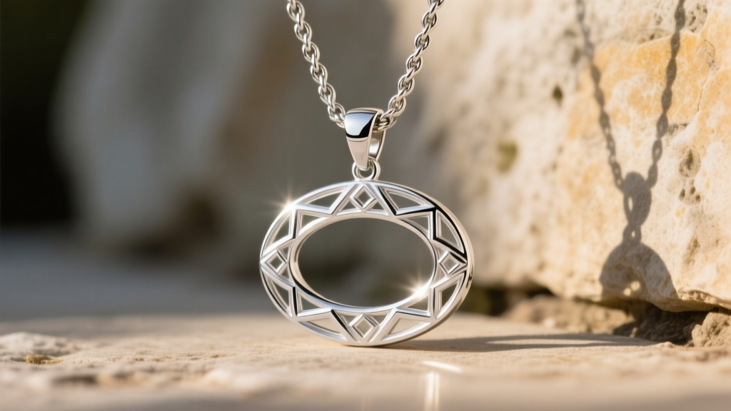 Solid platinum cartouche pendant on a sturdy rope chain, photographed outdoors in sunlight to show the bright metal luster.