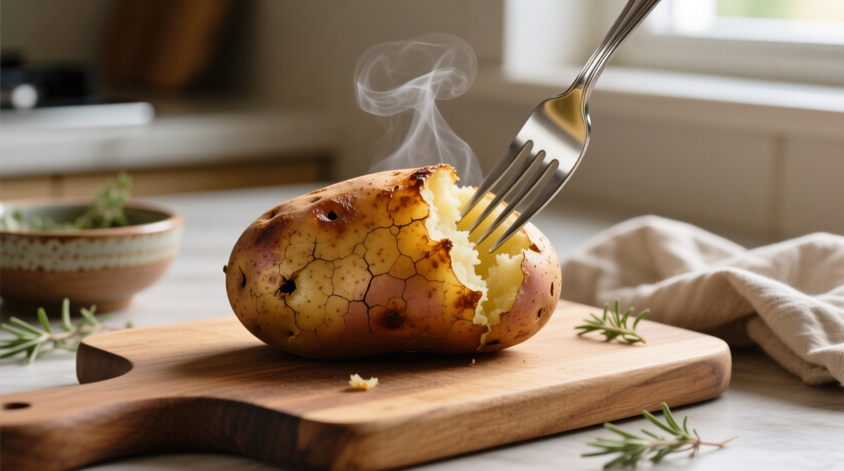 Perfectly baked russet potato with fork testing doneness
