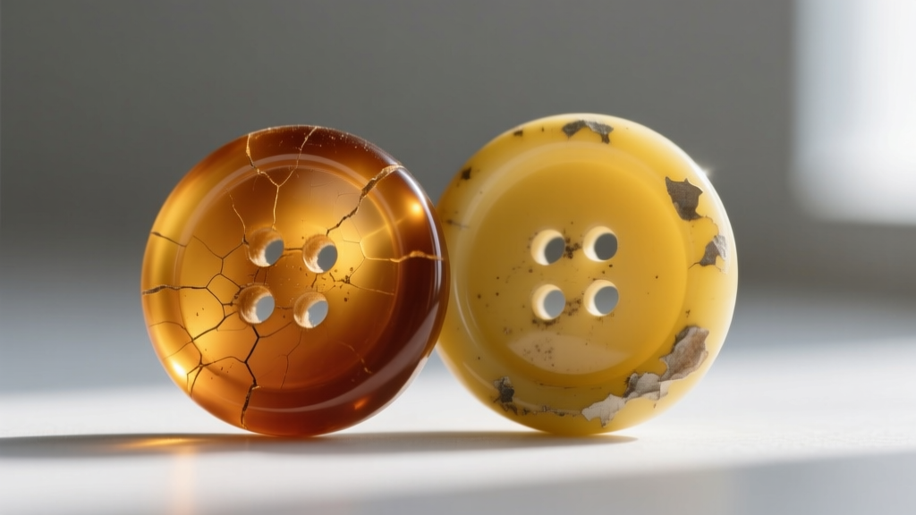 Side profile of an amber bakelite button next to a yellowed celluloid button, highlighting material degradation and patina.
