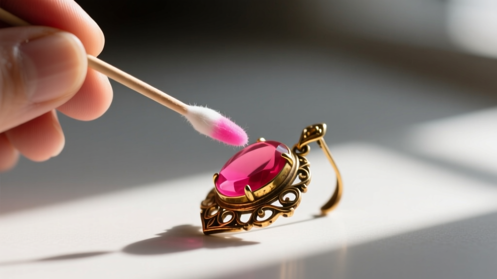 Jeweler hands using a testing swab on a vintage earring, with pink indicator showing nickel presence on the base metal surface