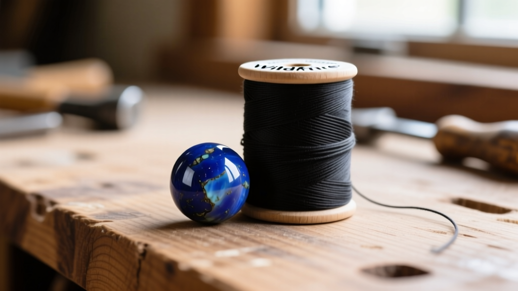 Close-up of digital calipers measuring an 8mm lapis lazuli bead next to a spool of black Wildfire thread on a wooden workbench.