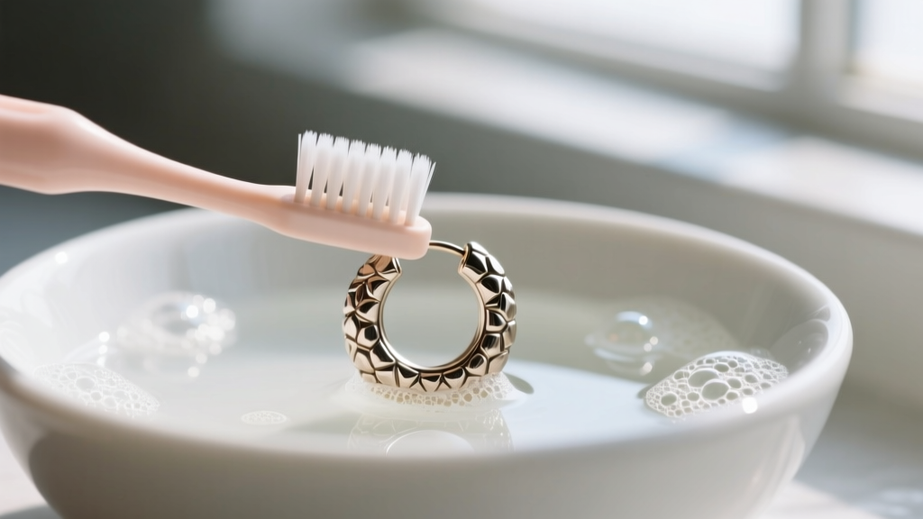 Soft baby toothbrush gently scrubbing the deep crevices of a textured circle nugget earring in a ceramic bowl of soapy water.