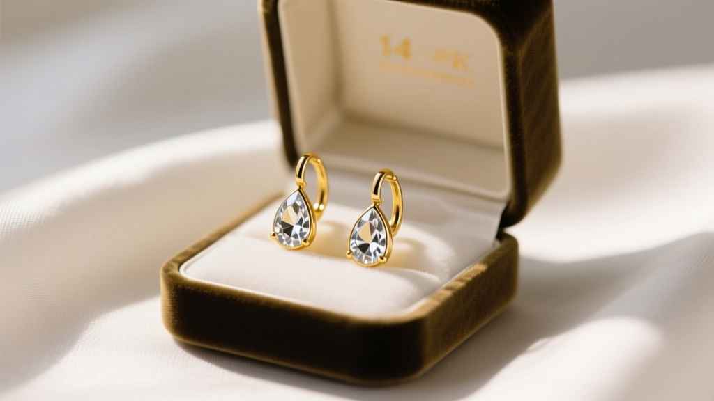 Open velvet box revealing 14k yellow gold drop earrings with teardrop clear crystals on white silk fabric in soft warm lighting