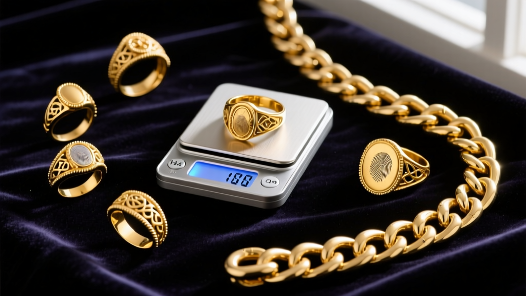 Flat lay of 14k and 18k yellow gold vintage rings, heavy Cuban chains, and a digital jewelry scale resting on dark velvet fabric
