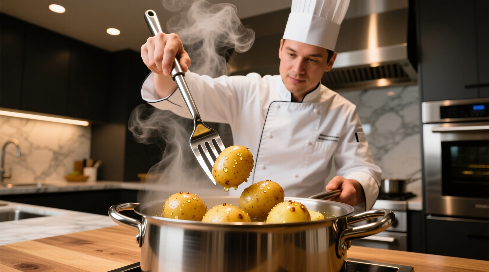 Professional chef using potato fork to lift boiled potatoes