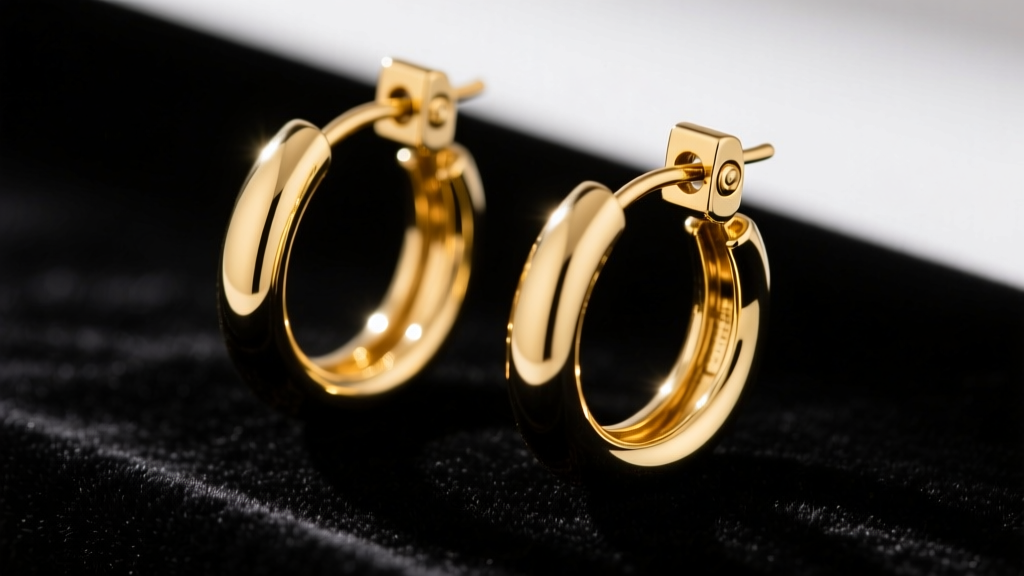 Close-up of 14k yellow gold medium hoop earrings on dark velvet, highlighting the hinged snap clasp and polished finish.