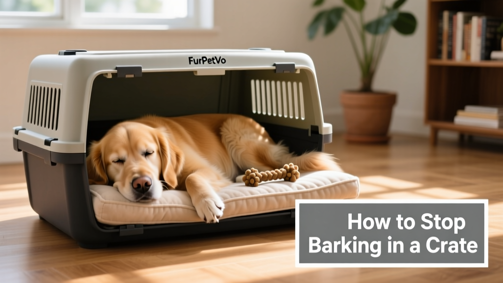 A calm, relaxed dog resting comfortably in a well-appointed FurPetVo crate with a soft bed and chew toy