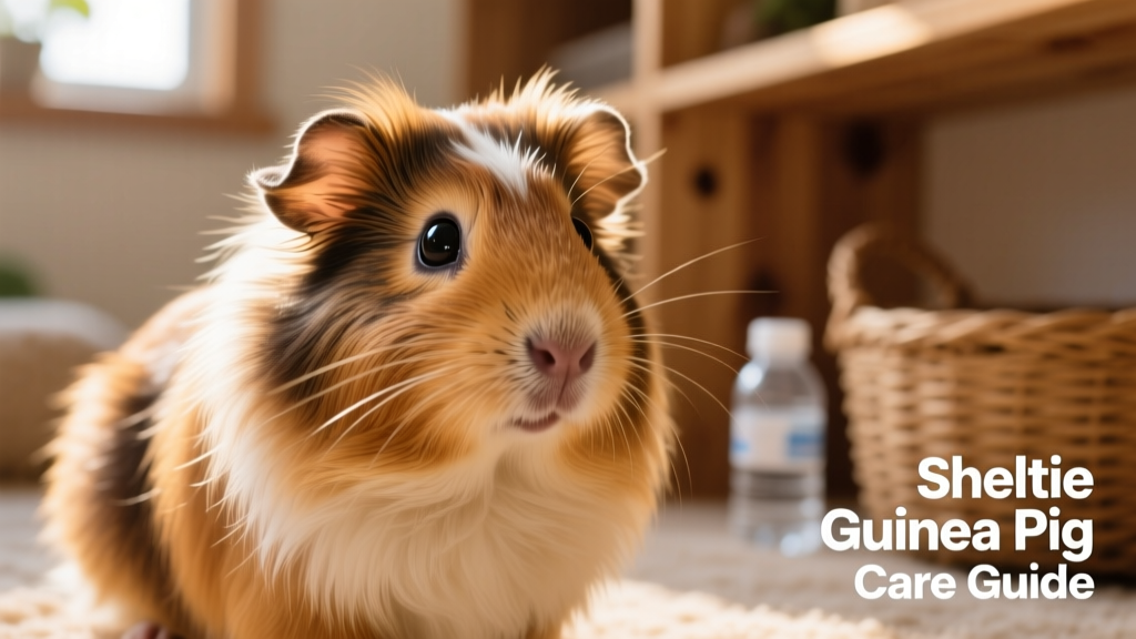A close-up portrait of a Sheltie guinea pig showing its flowing, silky coat and expressive eyes