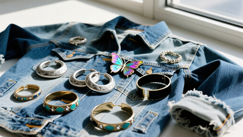 Flat lay of 1990s vintage jewelry including thick silver hoops and butterfly clip-ons resting on a faded denim jacket background
