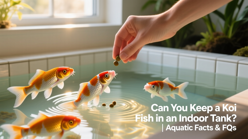 A person’s hand offering koi pellets to three koi rising to the surface of a clear indoor aquarium