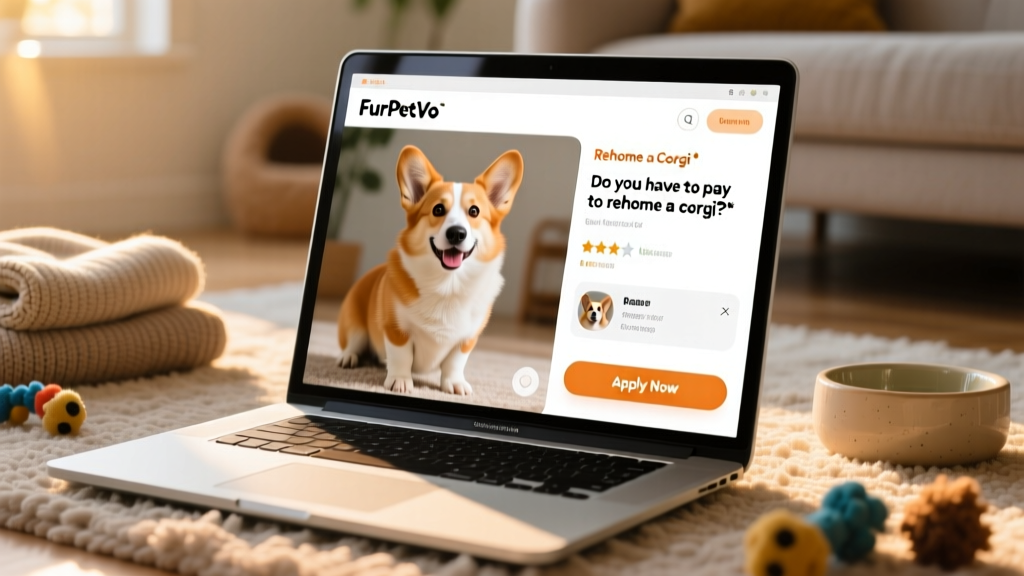 A laptop screen showing a FurPetVo listing for a corgi, with photos and 'Apply Now' button visible