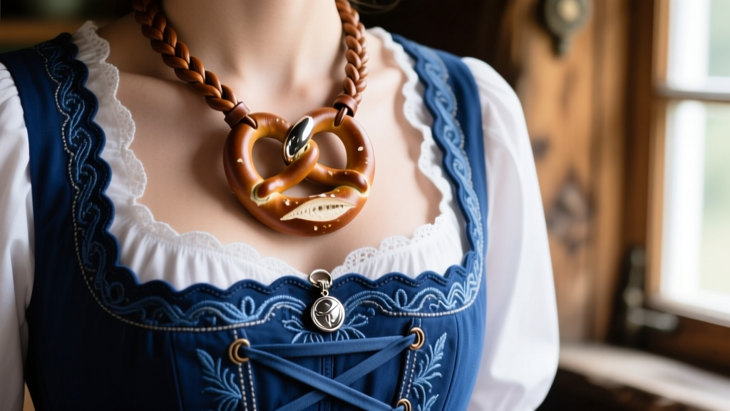 Braided genuine leather pretzel necklace with a steel charm resting on a traditional blue Bavarian Dirndl bodice in soft daylight