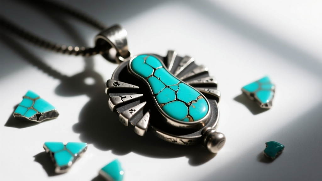 Macro shot of a kokopelli pendant showing loose turquoise inlay fragments and cracked epoxy adhesive against dark oxidized silver.