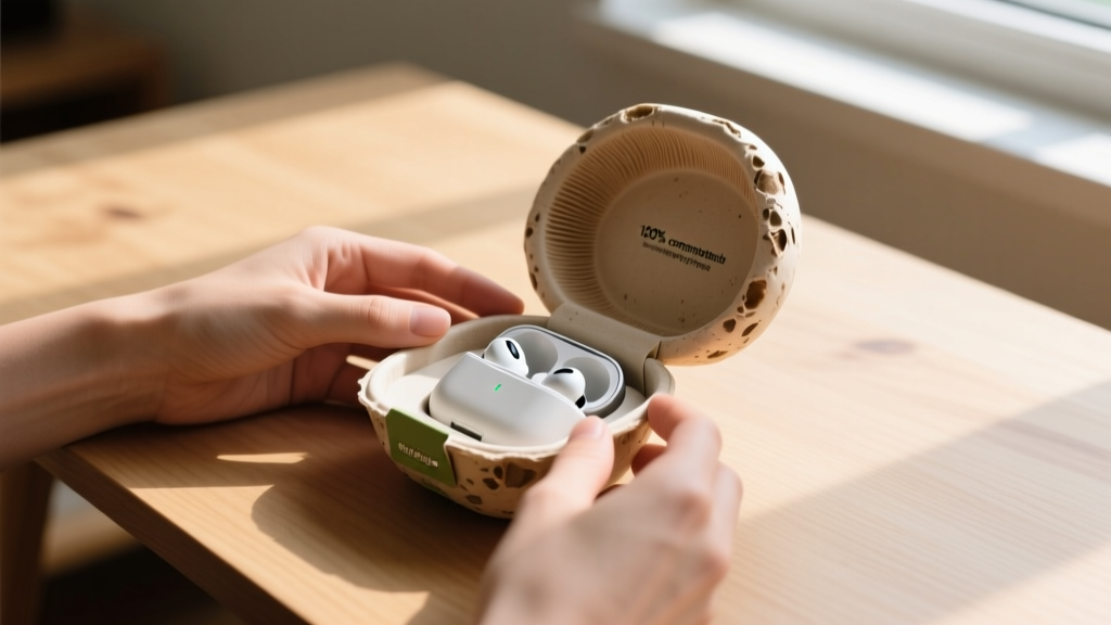 Hands unboxing a refurbished tech gadget packaged in 100% compostable mushroom-based mycelium packaging on a wooden desk.