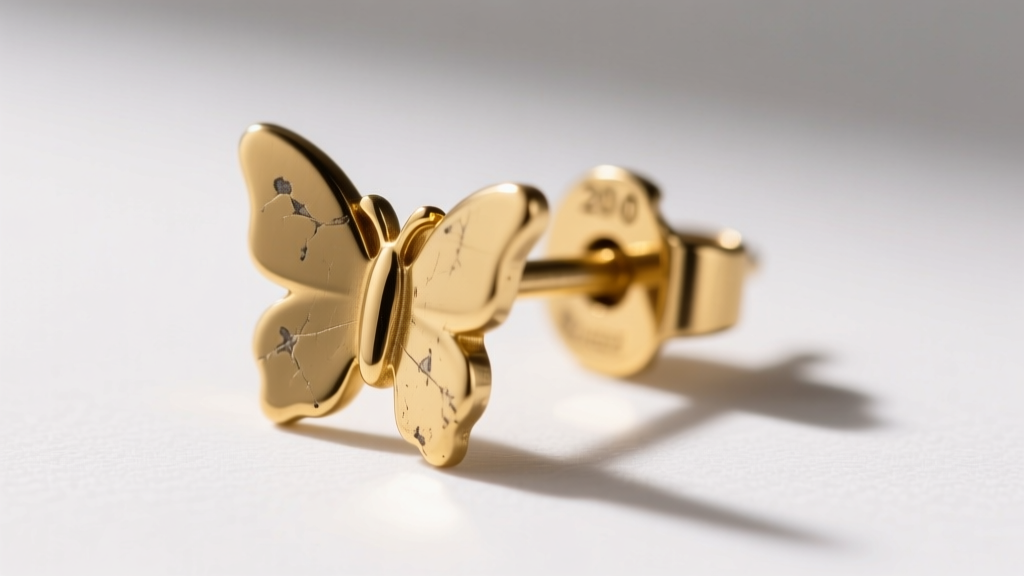 Macro photography of a 20-gauge gold-plated brass butterfly stud earring showing slight wear on the post and backing clutch