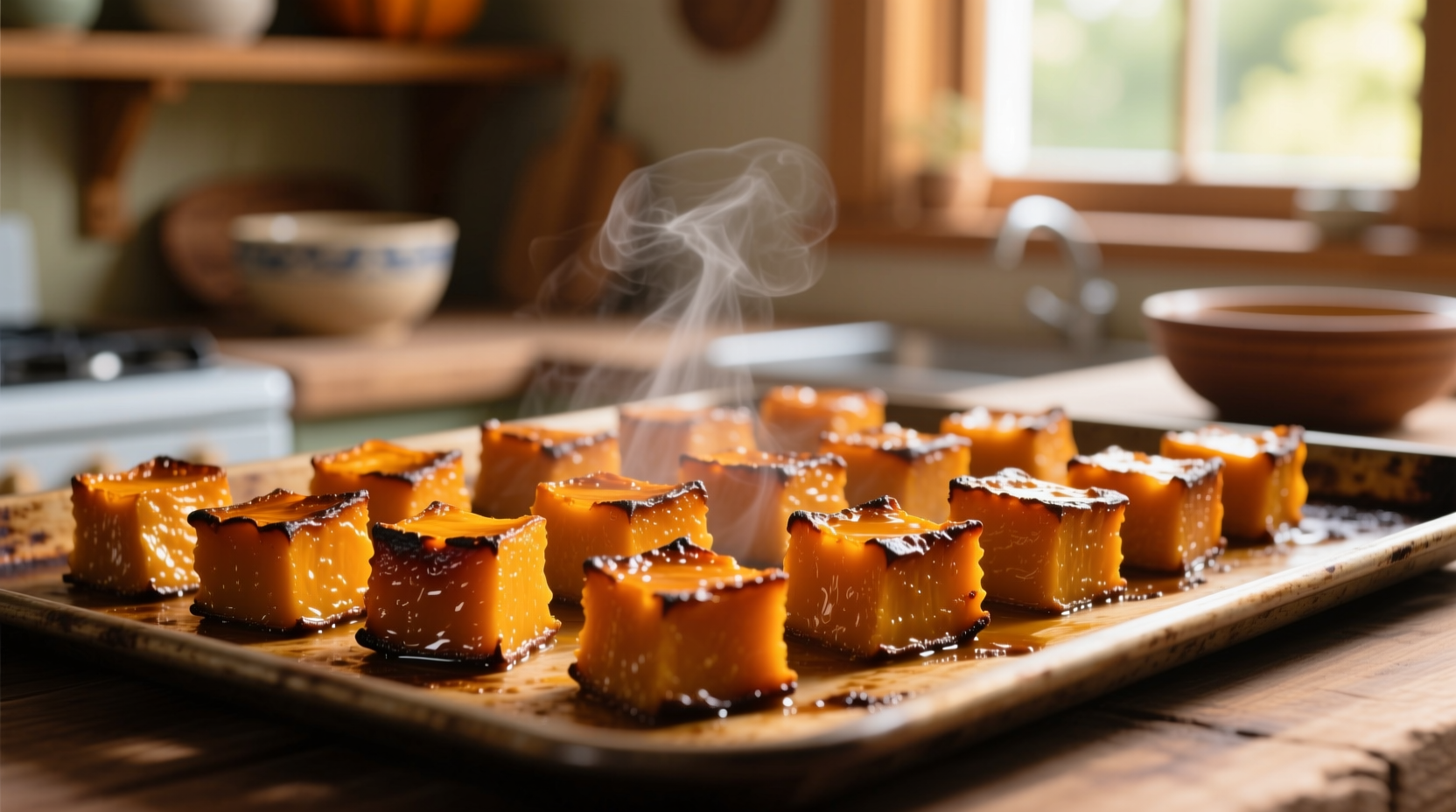 Perfectly roasted pumpkin cubes on baking sheet