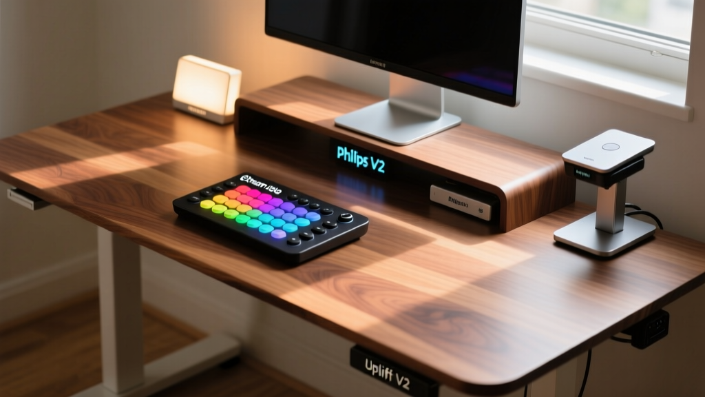 Top-down view of a walnut standing desk with the Elgato Stream Deck + controlling Philips Hue lights and an Uplift V2 desk.