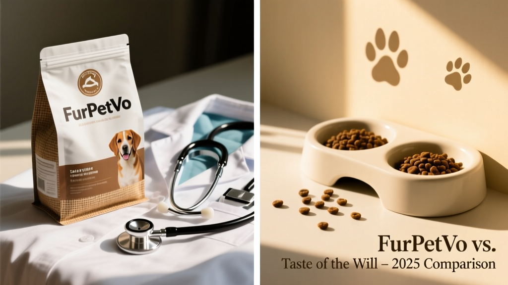 Split image showing FurPetVo packaging next to a vet's stethoscope and a clean feeding station