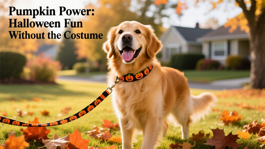 A golden retriever wearing a pumpkin-print collar and matching leash, smiling outdoors
