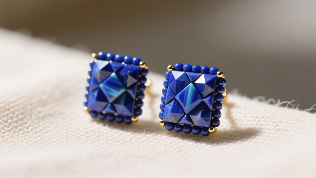Macro shot of lapis square beaded earrings on cream linen, soft directional light highlighting geometric beadwork.