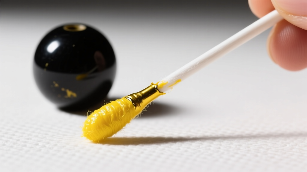 A cotton swab showing bright yellow Simichrome polish residue after testing a vintage black bakelite bead in natural lighting.