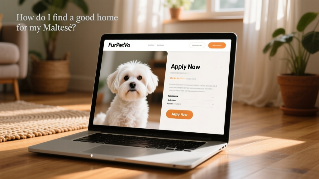 A laptop screen showing a warm, professional FurPetVo listing page for a Maltese, with photos, bio, and 'Apply Now' button visible