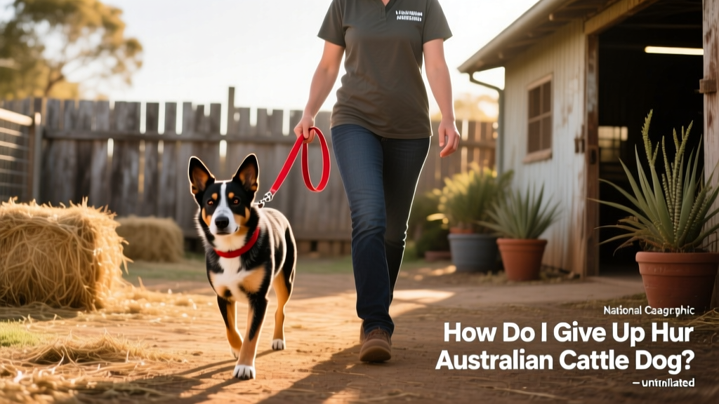 Volunteer gently walking an Australian Cattle Dog on leash in a sunny shelter yard