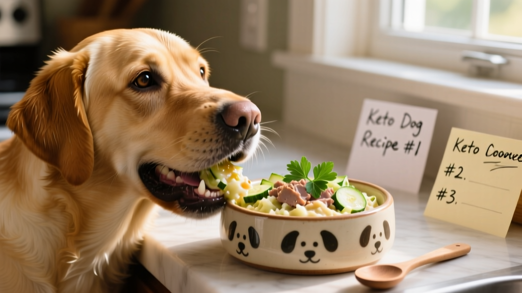 Close-up of a dog eating from a ceramic bowl containing a creamy keto meal with visible herbs and oil sheen