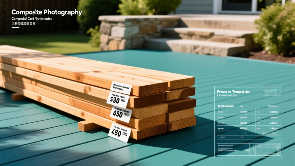 Blueprint of a composite deck overlaid with material cost estimates, stacked pressure-treated lumber, and pricing tags in sunlight