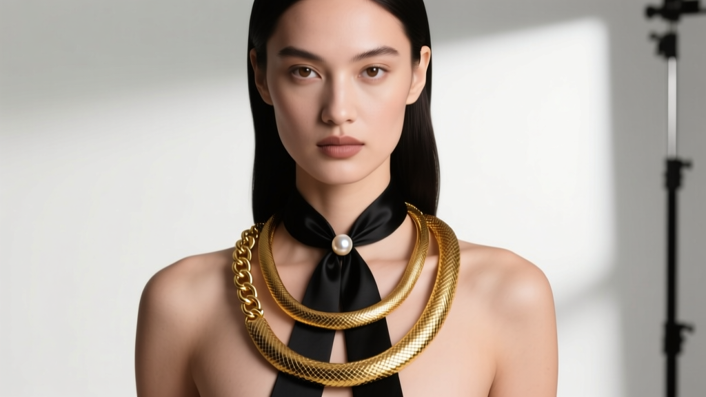 Model wearing a layered stack with a 14-inch gold snake chain and a 22-inch black ribbon tie necklace secured by a pearl clasp.