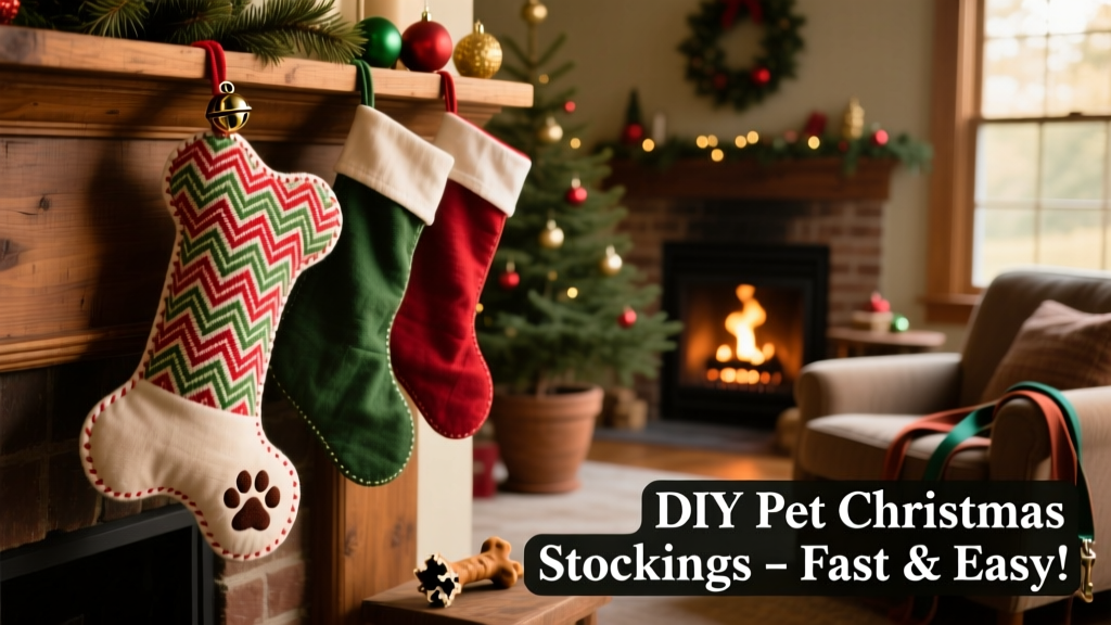 A festive dog bone-shaped pet Christmas stocking hanging on a mantel beside traditional stockings