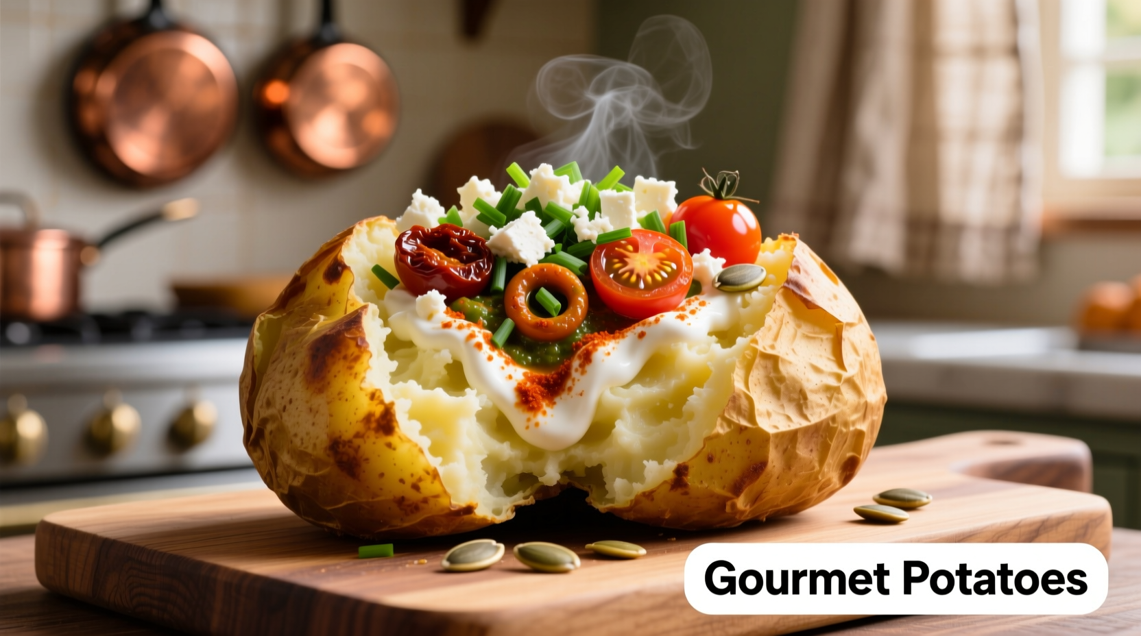 Gourmet jacket potato with multiple colorful toppings