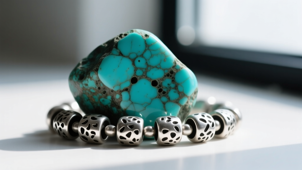 Macro shot of natural turquoise beside hand-stamped silver beads, revealing the porous stone surface and dark silver patina.