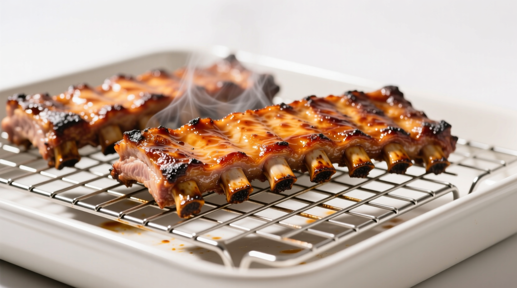 Oven pork ribs on baking sheet with wire rack
